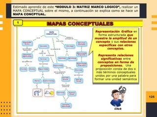 125
Estimado aprendiz de este “MODULO 3: MATRIZ MARCO LOGICO”, realizar un
MAPA CONCEPTUAL sobre el mismo, a continuación se explica como se hace un
MAPA CONCPTUAL.
1
 