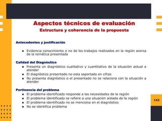143
Aspectos técnicos de evaluación
Estructura y coherencia de la propuesta
Antecedentes y justificación
◼ Evidencia conocimiento o no de los trabajos realizados en la región acerca
de la temática presentada
Calidad del Diagnóstico
◼ Presenta un diagnóstico cualitativo y cuantitativo de la situación actual a
atender
◼ El diagnóstico presentado no esta soportado en cifras
◼ No presenta diagnóstico o el presentado no se relaciona con la situación a
atender
Pertinencia del problema
◼ El problema identificado responde a las necesidades de la región
◼ El problema identificado se refiere a una situación aislada de la región
◼ El problema identificado no se menciona en el diagnóstico
◼ No se identifica problema
 