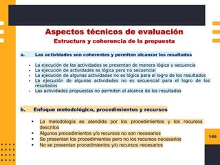 146
Aspectos técnicos de evaluación
Estructura y coherencia de la propuesta
a. Las actividades son coherentes y permiten alcanzar los resultados
▪ La ejecución de las actividades se presentan de manera lógica y secuencia
▪ La ejecución de actividades es lógica pero no secuencial
▪ La ejecución de algunas actividades no es lógica para el logro de los resultados
▪ La ejecución de algunas actividades no es secuencial para el logro de los
resultados
▪ Las actividades propuestas no permiten el alcance de los resultados
b. Enfoque metodológico, procedimientos y recursos
▪ La metodología es atendida por los procedimientos y los recursos
descritos
▪ Algunos procedimientos y/o recursos no son necesarios
▪ Se presentan los procedimientos pero no los recursos necesarios
▪ No se presentan procedimientos y/o recursos necesarios
 