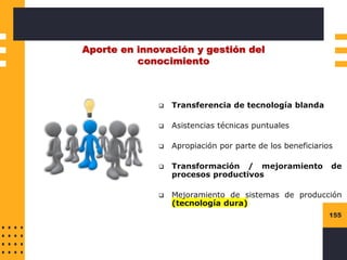 155
Aporte en innovación y gestión del
conocimiento
❑ Transferencia de tecnología blanda
❑ Asistencias técnicas puntuales
❑ Apropiación por parte de los beneficiarios
❑ Transformación / mejoramiento de
procesos productivos
❑ Mejoramiento de sistemas de producción
(tecnología dura)
 