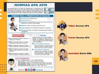 159
Teoría: Normas APA
Video: Normas APA
Actividad: Matriz MML
 