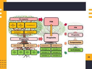 22
FIN
Propósito
Componente 1 Componente 2
Actividad 1.1 Actividad 2.1
Actividad 1.2 Actividad 2.2
Actividad 1.3 Actividad 2.3
Fin superior
Fin
Indirecto
1.1
Fin
Indirecto
1.2
Fin Indirecto 2.1
Fin Directo 2
Fin Directo 1
Propósito
Medio Directo 1 Medio Directo 2
Medio
Indirecto
1.1
Medio
Indirecto
1.2
Medio
Indirecto
2.1
Medio
Indirecto
2.2
FIN
Propósito
Componentes
Actividades
 