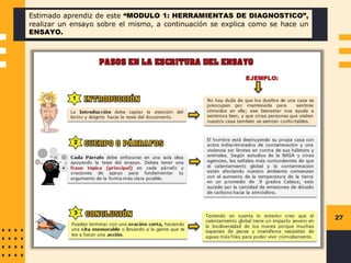 27
Estimado aprendiz de este “MODULO 1: HERRAMIENTAS DE DIAGNOSTICO”,
realizar un ensayo sobre el mismo, a continuación se explica como se hace un
ENSAYO.
 