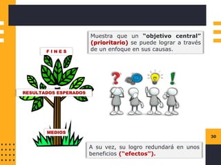 30
RESULTADOS ESPERADOS
F I N E S
MEDIOS
Muestra que un “objetivo central”
(prioritario) se puede lograr a través
de un enfoque en sus causas.
A su vez, su logro redundará en unos
beneficios (“efectos”).
 
