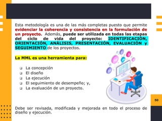 50
Esta metodología es una de las más completas puesto que permite
evidenciar la coherencia y consistencia en la formulación de
un proyecto. Además, puede ser utilizada en todas las etapas
del ciclo de vida del proyecto: IDENTIFICACIÓN,
ORIENTACIÓN, ANÁLISIS, PRESENTACIÓN, EVALUACIÓN y
SEGUIMIENTO de los proyectos.
La MML es una herramienta para:
❑ La concepción
❑ El diseño
❑ La ejecución
❑ El seguimiento de desempeño; y,
❑ La evaluación de un proyecto.
Debe ser revisada, modificada y mejorada en todo el proceso de
diseño y ejecución.
 