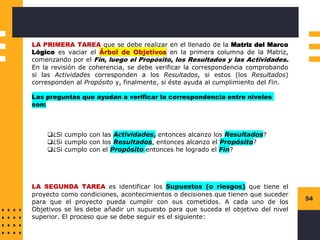 54
LA PRIMERA TAREA que se debe realizar en el llenado de la Matriz del Marco
Lógico es vaciar el Árbol de Objetivos en la primera columna de la Matriz,
comenzando por el Fin, luego el Propósito, los Resultados y las Actividades.
En la revisión de coherencia, se debe verificar la correspondencia comprobando
si las Actividades corresponden a los Resultados, si estos (los Resultados)
corresponden al Propósito y, finalmente, si éste ayuda al cumplimiento del Fin.
Las preguntas que ayudan a verificar la correspondencia entre niveles
son:
❑¿Si cumplo con las Actividades, entonces alcanzo los Resultados?
❑¿Si cumplo con los Resultados, entonces alcanzo el Propósito?
❑¿Si cumplo con el Propósito entonces he logrado el Fin?
LA SEGUNDA TAREA es identificar los Supuestos (o riesgos) que tiene el
proyecto como condiciones, acontecimientos o decisiones que tienen que suceder
para que el proyecto pueda cumplir con sus cometidos. A cada uno de los
Objetivos se les debe añadir un supuesto para que suceda el objetivo del nivel
superior. El proceso que se debe seguir es el siguiente:
 