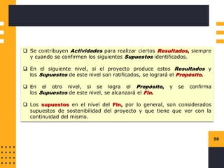 56
❑ Se contribuyen Actividades para realizar ciertos Resultados, siempre
y cuando se confirmen los siguientes Supuestos identificados.
❑ En el siguiente nivel, si el proyecto produce estos Resultados y
los Supuestos de este nivel son ratificados, se logrará el Propósito.
❑ En el otro nivel, si se logra el Propósito, y se confirma
los Supuestos de este nivel, se alcanzará el Fin.
❑ Los supuestos en el nivel del Fin, por lo general, son considerados
supuestos de sostenibilidad del proyecto y que tiene que ver con la
continuidad del mismo.
 