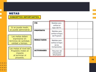 75
METAS
CONCEPTOS IMPORTANTES:
FIN
PROPÓSITO
RESULTADOS
ACTIVIDADES
Medidas para
verificar el
logro del Fin
Medidas para
verificar el logro
del Propósito
Medidas para
verificar el logro
de los
Componentes
Resumen del
presupuesto
del proyecto
Si se puede medir,
se puede administrar.
Las metas deben
expresarse en
términos de cantidad,
calidad y tiempo.
Las metas al nivel del
Propósito miden el
impacto
al terminar el
proyecto.
 