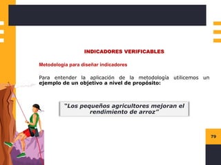 79
INDICADORES VERIFICABLES
Metodología para diseñar indicadores
Para entender la aplicación de la metodología utilicemos un
ejemplo de un objetivo a nivel de propósito:
“Los pequeños agricultores mejoran el
rendimiento de arroz”
 