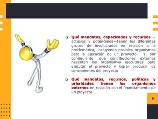 Instructions for use
8
❑ Qué mandatos, capacidades y recursos --
actuales y potenciales—tienen los diferentes
grupos de involucrados en relación a la
problemática, incluyendo posibles organismos
para la ejecución de un proyecto. Y, por
consiguiente, qué contribuciones externas
necesitan los organismos ejecutores para
ejecutar el proyecto y lograr producir los
componentes del proyecto
❑ Qué mandatos, recursos, políticas y
prioridades tienen los organismos
externos en relación con el financiamiento de
un proyecto
 