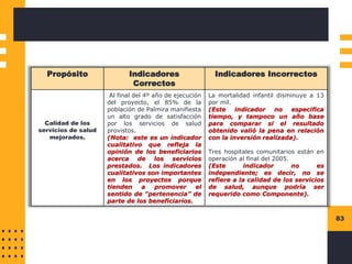 83
Propósito Indicadores
Correctos
Indicadores Incorrectos
Calidad de los
servicios de salud
mejorados.
Al final del 4º año de ejecución
del proyecto, el 85% de la
población de Palmira manifiesta
un alto grado de satisfacción
por los servicios de salud
provistos.
(Nota: este es un indicador
cualitativo que refleja la
opinión de los beneficiarios
acerca de los servicios
prestados. Los indicadores
cualitativos son importantes
en los proyectos porque
tienden a promover el
sentido de “pertenencia” de
parte de los beneficiarios.
La mortalidad infantil disminuye a 13
por mil.
(Este indicador no especifica
tiempo, y tampoco un año base
para comparar si el resultado
obtenido valió la pena en relación
con la inversión realizada).
Tres hospitales comunitarios están en
operación al final del 2005.
(Este indicador no es
independiente; es decir, no se
refiere a la calidad de los servicios
de salud, aunque podría ser
requerido como Componente).
 