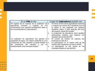 85
Si un FIN se lee: Luego los indicadores pueden ser:
"El ingreso de la mayoría de la población de
agricultores hombres y mujeres, se ha
incrementado (con especial consideración dada a
los microempresarios y agricultoras)".
"La población de agricultores han ganado la
capacidad de lograr una mejora sostenida en sus
condiciones de vida mediante el ajuste flexible a
las condiciones del mercado y por el
abastecimiento a los mercados locales".
• Al menos el 50% de los agricultores (hombres
y mujeres con menos de 2 hectáreas (ha) en
la región X, han duplicado sus ingresos
familiares reales, 5 años después del inicio
del proyecto, desde $X iniciales.
• La proporción de agricultoras entre aquellos
participantes exitosos (que duplican sus
ingresos) será arriba del 40%.
• El número de fuentes de ingresos por
productos es más de 3.
• La participación en el ingreso total de las
fuentes más importantes es menor al 50%.
• La participación en las ventas en los
mercados locales es más del 60%.
 