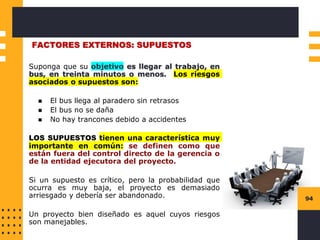 94
FACTORES EXTERNOS: SUPUESTOS
Suponga que su objetivo es llegar al trabajo, en
bus, en treinta minutos o menos. Los riesgos
asociados o supuestos son:
◼ El bus llega al paradero sin retrasos
◼ El bus no se daña
◼ No hay trancones debido a accidentes
LOS SUPUESTOS tienen una característica muy
importante en común: se definen como que
están fuera del control directo de la gerencia o
de la entidad ejecutora del proyecto.
Si un supuesto es crítico, pero la probabilidad que
ocurra es muy baja, el proyecto es demasiado
arriesgado y debería ser abandonado.
Un proyecto bien diseñado es aquel cuyos riesgos
son manejables.
 