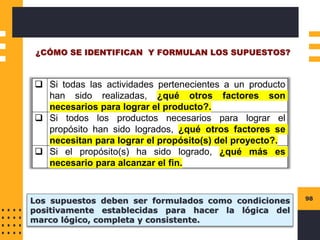 98
¿CÓMO SE IDENTIFICAN Y FORMULAN LOS SUPUESTOS?
❑ Si todas las actividades pertenecientes a un producto
han sido realizadas, ¿qué otros factores son
necesarios para lograr el producto?.
❑ Si todos los productos necesarios para lograr el
propósito han sido logrados, ¿qué otros factores se
necesitan para lograr el propósito(s) del proyecto?.
❑ Si el propósito(s) ha sido logrado, ¿qué más es
necesario para alcanzar el fin.
Los supuestos deben ser formulados como condiciones
positivamente establecidas para hacer la lógica del
marco lógico, completa y consistente.
 