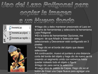 Hago clic y debo mantener presionado el Lazo en
la barra de herramientas y selecciono la herramienta
Lazo Poligonal
En la barra de herramientas Opciones, me
aseguro de que Añadir a Selección esté
seleccionado y Desvanecer esté configurado en 3
pixeles
 Hago clic en el borde del objeto que deseo
seleccionar
A continuación, muevo el puntero a una distancia
corta del borde del objeto y haga clic de nuevo se irá
creando un segmento unido con extremos hasta
quedar rodeado todo el objeto o figura
Hago clic para cerrar la selección
Luego abro la paleta de Capas. Hago clic en el
botón de Crear una Capa Nueva para agregar una
 