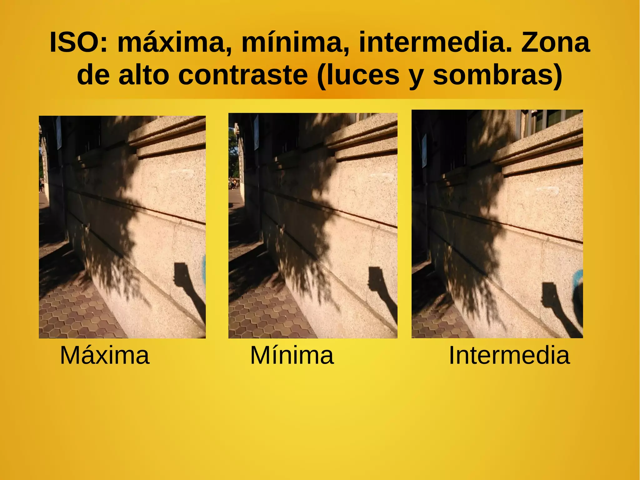ISO: máxima, mínima, intermedia. Zona 
de alto contraste (luces y sombras) 
Máxima Mínima Intermedia 
 
