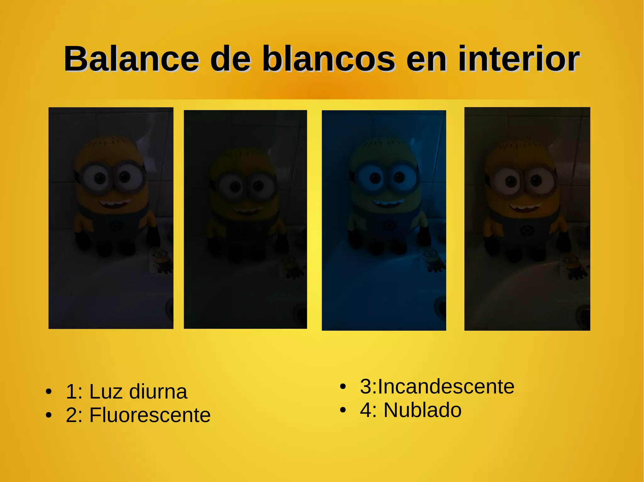 BBaallaannccee ddee bbllaannccooss eenn iinntteerriioorr 
● 1: Luz diurna 
● 2: Fluorescente 
● 3:Incandescente 
● 4: Nublado 
 