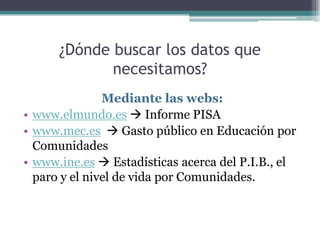 ¿Dónde buscar los datos que
             necesitamos?
               Mediante las webs:
• www.elmundo.es  Informe PISA
• www.mec.es  Gasto público en Educación por
  Comunidades
• www.ine.es  Estadísticas acerca del P.I.B., el
  paro y el nivel de vida por Comunidades.
 