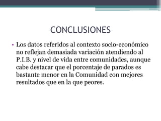 CONCLUSIONES
• Los datos referidos al contexto socio-económico
  no reflejan demasiada variación atendiendo al
  P.I.B. y nivel de vida entre comunidades, aunque
  cabe destacar que el porcentaje de parados es
  bastante menor en la Comunidad con mejores
  resultados que en la que peores.
 