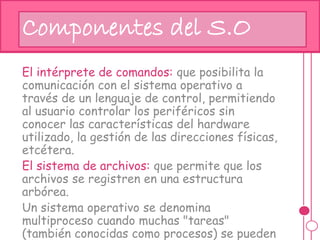 El intérprete de comandos: que posibilita la
comunicación con el sistema operativo a
través de un lenguaje de control, permitiendo
al usuario controlar los periféricos sin
conocer las características del hardware
utilizado, la gestión de las direcciones físicas,
etcétera.
El sistema de archivos: que permite que los
archivos se registren en una estructura
arbórea.
Un sistema operativo se denomina
multiproceso cuando muchas "tareas"
(también conocidas como procesos) se pueden
hjComponentes del S.O
 