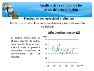 Análisis de la calidad de los
datos de precipitación
Pruebas de homogeneidad preliminar
Permiten determinar los errores accidentales y sistemáticos en las
mediciones
El gráfico cronológico es
el más sencillo de todos,
pues permite la detección,
a simple vista, de posibles
tendencias (crecientes o
decrecientes) en la
muestra.
 