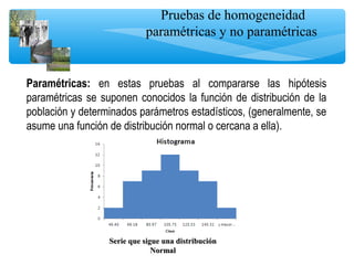 Pruebas de homogeneidad
paramétricas y no paramétricas
Paramétricas: en estas pruebas al compararse las hipótesis
paramétricas se suponen conocidos la función de distribución de la
población y determinados parámetros estadísticos, (generalmente, se
asume una función de distribución normal o cercana a ella).
Serie que sigue una distribuciónSerie que sigue una distribución
NormalNormal
 