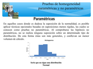 Pruebas de homogeneidad
paramétricas y no paramétricas
En aquellos casos donde es dudosa la suposición de la normalidad, es posible
aplicar técnicas opcionales basadas en suposiciones menos rígidas, las cuales se
conocen como pruebas no paramétricas. Al comprobarse las hipótesis no
paramétricas, no se realiza ninguna suposición sobre un determinado tipo de
distribución. De esta forma éstas son más generales, y conllevan un menor
volumen de cálculo.
Paramétricas
Serie que no sigue una distribuciónSerie que no sigue una distribución
NormalNormal
 