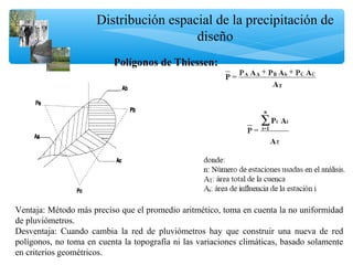 Distribución espacial de la precipitación de
diseño
Polígonos de Thiessen:
Ventaja: Método más preciso que el promedio aritmético, toma en cuenta la no uniformidad
de pluviómetros.
Desventaja: Cuando cambia la red de pluviómetros hay que construir una nueva de red
polígonos, no toma en cuenta la topografía ni las variaciones climáticas, basado solamente
en criterios geométricos.
 
