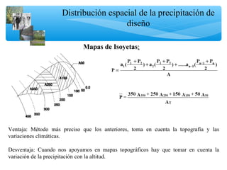Distribución espacial de la precipitación de
diseño
Mapas de Isoyetas::
Ventaja: Método más preciso que los anteriores, toma en cuenta la topografía y las
variaciones climáticas.
Desventaja: Cuando nos apoyamos en mapas topográficos hay que tomar en cuenta la
variación de la precipitación con la altitud.
 
