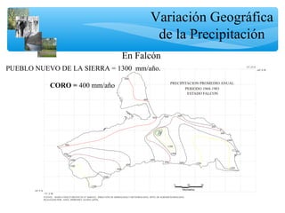 Variación Geográfica
de la Precipitación
En Falcón
PUEBLO NUEVO DE LA SIERRA = 1300 mm/año.
CORO = 400 mm/año
 