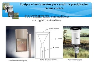 Equipos e instrumentos para medir la precipitación
en una cuenca
Pluviómetro con Soporte
PLUVIÓMETROS:PLUVIÓMETROS: son medidores
sin registro automático.
Partes del pluviómetro Pluviómetro digital
 
