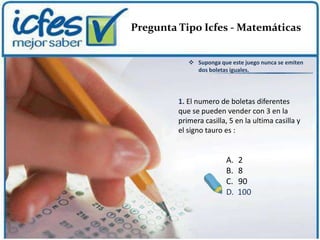 Pregunta Tipo Icfes - Matemáticas


             Suponga que este juego nunca se emiten
              dos boletas iguales.




         1. El numero de boletas diferentes
         que se pueden vender con 3 en la
         primera casilla, 5 en la ultima casilla y
         el signo tauro es :


                         A.   2
                         B.   8
                         C.   90
                         D.   100
 