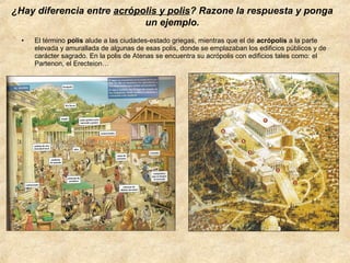 ¿Hay diferencia entre acrópolis y polis? Razone la respuesta y ponga
un ejemplo.
•

El término polis alude a las ciudades-estado griegas, mientras que el de acrópolis a la parte
elevada y amurallada de algunas de esas polis, donde se emplazaban los edificios públicos y de
carácter sagrado. En la polis de Atenas se encuentra su acrópolis con edificios tales como: el
Partenon, el Erecteion…

 