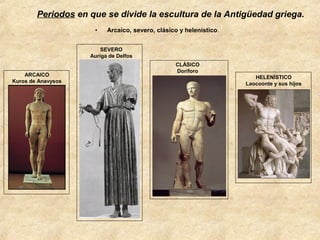 Periodos en que se divide la escultura de la Antigüedad griega.
•

Arcaico, severo, clásico y helenístico.

SEVERO
Auriga de Delfos
ARCAICO
Kuros de Anavysos

CLÁSICO
Doríforo
HELENÍSTICO
Laocoonte y sus hijos

 