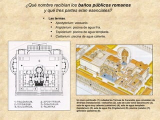 ¿Qué nombre recibían los baños públicos romanos
y qué tres partes eran esenciales?


Las termas.
 Apodyterium: vestuario.
 Frigidarium: piscina de agua fría.
 Tepidarium: piscina de agua templada.
 Caldarium: piscina de agua caliente.

Un muro porticado (1) rodeaba las Termas de Caracalla, que constaban de
diversas instalaciones: vestuarios (2), sala de calor seco (laconicum) (3),
sala de agua muy caliente (caldarium) (4), sala de agua templada
(tepidarium) (5), sala de agua fría (frigidarium) (6), piscina (natatio) (7),
gimnasio (palestra) (8).

 