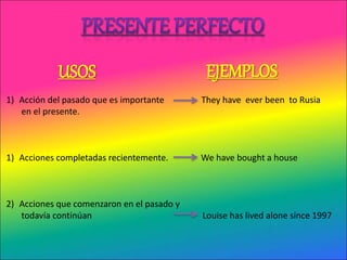USOS 
EJEMPLOS 
1) Acción del pasado que es importante They have ever been to Rusia 
en el presente. 
1) Acciones completadas recientemente. We have bought a house 
2) Acciones que comenzaron en el pasado y 
todavía continúan Louise has lived alone since 1997 
 