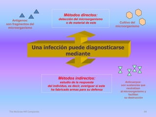 Métodos directos:
    Antígenos:                        detección del microorganismo
                                           o de material de este             Cultivo del
son fragmentos del
                                                                           microorganismo
 microorganismo




                    Una infección puede diagnosticarse
                                 mediante



                                     Métodos indirectos:
                                       estudio de la respuesta                   Anticuerpos:
                              del individuo, es decir, averiguar si este     son sustancias que
                                                                                  neutralizan
                                ha fabricado armas para su defensa
                                                                             al microorganismo y
                                                                                   facilitan
                                                                                su destrucción




  The McGraw-Hill Companies                                                                   44
 