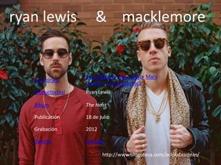ryan lewis

& macklemore

Escritor(es)

Ben Haggerty, Ryan Lewis, Mary
Lambert, Curtis Mayfield

Productor(es)

Ryan Lewis

Álbum

The Heist

Publicación

18 de julio

Grabación

2012

Género

Hip hop
http://www.blogoteca.com/oclubdasideas/

 