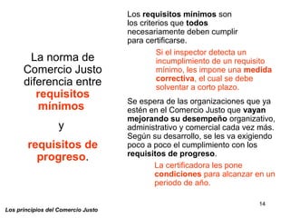 14
Los principios del Comercio Justo
Los requisitos mínimos son
los criterios que todos
necesariamente deben cumplir
para certificarse.
La norma de
Comercio Justo
diferencia entre
requisitos
mínimos
y
requisitos de
progreso.
Si el inspector detecta un
incumplimiento de un requisito
mínimo, les impone una medida
correctiva, el cual se debe
solventar a corto plazo.
Se espera de las organizaciones que ya
estén en el Comercio Justo que vayan
mejorando su desempeño organizativo,
administrativo y comercial cada vez más.
Según su desarrollo, se les va exigiendo
poco a poco el cumplimiento con los
requisitos de progreso.
La certificadora les pone
condiciones para alcanzar en un
periodo de año.
 