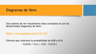 Diagramas de Venn
Una manera de ver visualmente estos conceptos es con los
denominados diagramas de Venn
Https://www.geogebra.org/m/611127
Fórmula que relaciona la probabilidad de AUB y A⋂B
P(AUB) = P(A) + P(B) – P(A⋂B )
 