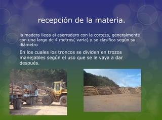 recepción de la materia.
la madera llega al aserradero con la corteza, generalmente
con una largo de 4 metros( varia) y se clasifica según su
diámetro
En los cuales los troncos se dividen en trozos
manejables según el uso que se le vaya a dar
después.
 