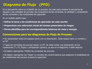Diagrama de Flujo  (PFD) Es el documento clave en el diseño de un proceso. Se usan para mostrar la secuencia de equipos y las unidades de proceso, las conexiones de las corrientes, la cantidad y composición de las corrientes y las condiciones de operación Es un modelo grafico que: Define la tarea y las condiciones de operación de cada sección Proporciona una valoración inicial de fuentes potenciales de riesgos Forma plantillas para los correspondientes balances de masa y energía. Convenciones para los diagramas de Flujo de Proceso: Se representan todos los equipos junto con su descripción. Cada equipo tiene un nombre y un Nº Todas las corrientes de proceso tienen un Nº. Se debe incluir una descripción de las condiciones (T y P), flujos y composición química, ya sea en el diagrama o tabla adjunta Se deben representar TODAS las corrientes de servicios Se deben representar los “loops” (o reciclos) de control basicos que aseguren la estabilidad de las condiciones del proceso durante la operación. 