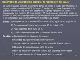 Desarrollo de un problema ejemplo: la fabricación del  azúcar La caña de azúcar alimenta a un molino donde se extrae el jarabe por trituración; el bagazo resultante contiene 80 % de pulpa. El jarabe que contiene fragmentos de pulpa se alimenta a una malla que separa toda la pulpa y produce un jarabe transparente que contiene 15 % de azúcar y 85 % de agua en peso. Este jarabe se envia a un evaporador que produce un jarabe pesado que es posteriormente enviado a un cristalizador que produce 800 kg/hr de cristales de azúcar. Datos:   1) Composición de la alimentación: azúcar 16 %, agua 25 %, pulpa 59 % 2) Composición del jarabe sucio: azúcar 13 %, pulpa 14 % 3) Pulpa separada de la malla 95 %  4) Liquido salido del evaporador contiene 40 % de azúcar Se pide:  a) Confección de un diagrama de bloques b) Cantidad de agua eliminada en el evaporador c) Las fracciones de masa de los componentes del flujo de desecho d) El caudal de alimentación de caña de azúcar e) El % de azúcar que entra con la caña que se pierde en el bagazo. f) Si la operación resulta eficiente justificando el resultado. 