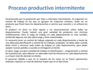 Proceso productivo intermitente
Caracterizado por la producción por lotes a intervalos intermitentes. Se organizan en
centros de trabajo en los que se agrupan las máquinas similares. Suele ser un
producto que fluirá hacia los departamentos o centros que necesite y no utilizará los
otros.
El producir no tiene un flujo regular y no necesariamente utiliza todos los
departamentos. Puede realizar una gran variedad de productos con mínimas
modificaciones. Pero la carga de trabajo en cada departamento es muy variable,
existiendo algunos con alta sobre carga y otros subutilizados.
Es necesario tener un control de trabajo asignado en cada departamento a través de
una adecuada planificación y control de los trabajos aceptados. Se debe saber cuando
debe iniciar y terminar cada orden de trabajo en cada departamento, para poder
aceptar nuevos pedidos y cuando se entregarán al cliente.
Es decir, exige una gran cantidad de trabajo en planificación--- programación y control
de la producción; para obtener un adecuado nivel de eficiencia en cada departamento
y un buen nivel de atención al cliente.
El personal, debido a que en la mayoría de los casos no se hacen operaciones
estándar, requiere un nivel de destreza mayor que en el tipo lineal.
Fuente: Wikipedia.org
 