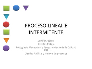 PROCESO LINEAL E
INTERMITENTE
Jenifer Juárez
IDE 07143126
Post grado Planeación y Aseguramiento de la Calidad
ISO
Diseño, Análisis y mejora de procesos
 
