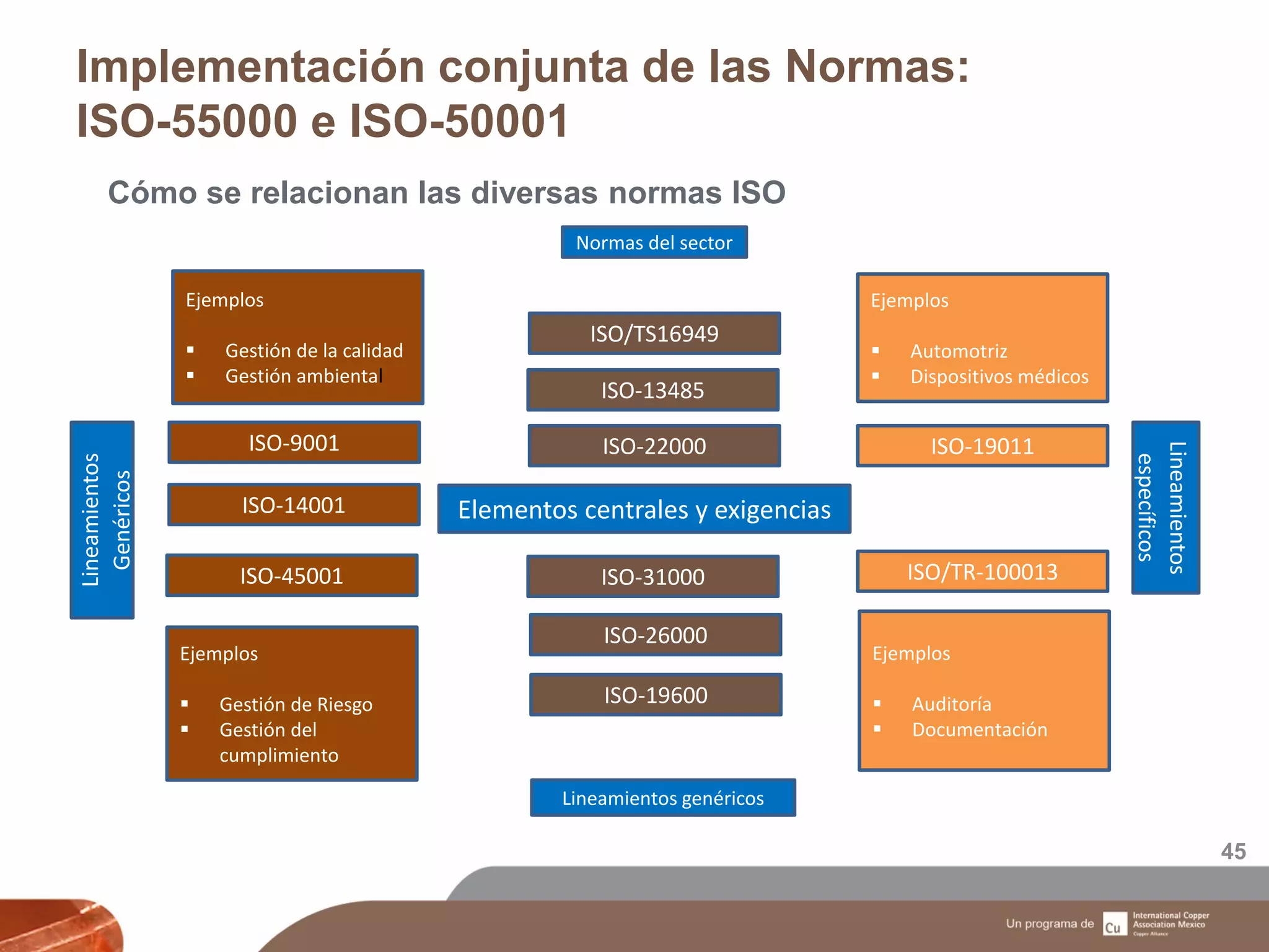 Implementación conjunta de las Normas:
ISO-55000 e ISO-50001
45
Cómo se relacionan las diversas normas ISO
Ejemplos
 Gestión de la calidad
 Gestión ambiental
Lineamientos
específicos
ISO-9001
ISO-14001
ISO-45001
Ejemplos
 Gestión de Riesgo
 Gestión del
cumplimiento
ISO-22000
ISO-13485
ISO/TS16949
Normas del sector
Lineamientos genéricos
ISO-19600
ISO-26000
ISO-31000
ISO-19011
Elementos centrales y exigencias
ISO/TR-100013
Ejemplos
 Auditoría
 Documentación
Ejemplos
 Automotriz
 Dispositivos médicos
Lineamientos
Genéricos
 