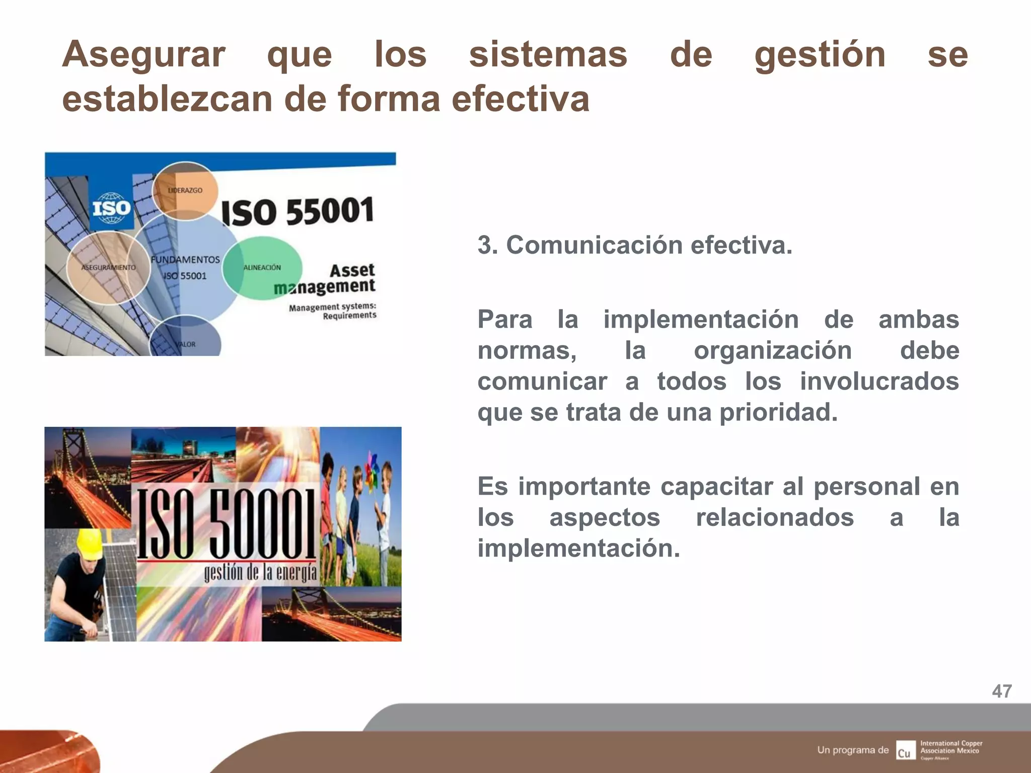Asegurar que los sistemas de gestión se
establezcan de forma efectiva
47
3. Comunicación efectiva.
Para la implementación de ambas
normas, la organización debe
comunicar a todos los involucrados
que se trata de una prioridad.
Es importante capacitar al personal en
los aspectos relacionados a la
implementación.
 
