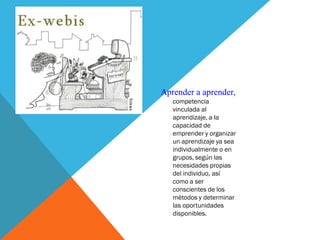 Aprender a aprender,
competencia
vinculada al
aprendizaje, a la
capacidad de
emprender y organizar
un aprendizaje ya sea
individualmente o en
grupos, según las
necesidades propias
del individuo, así
como a ser
conscientes de los
métodos y determinar
las oportunidades
disponibles.
 