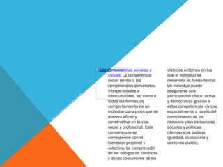 Las competencias sociales y
cívicas. La competencia
social remite a las
competencias personales,
interpersonales e
interculturales, así como a
todas las formas de
comportamiento de un
individuo para participar de
manera eficaz y
constructiva en la vida
social y profesional. Esta
competencia se
corresponde con el
bienestar personal y
colectivo. La comprensión
de los códigos de conducta
y de las costumbres de los
distintos entornos en los
que el individuo se
desarrolla es fundamental.
Un individuo puede
asegurarse una
participación cívica, activa
y democrática gracias a
estas competencias cívicas.
especialmente a través del
conocimiento de las
nociones y las estructuras
sociales y políticas
(democracia, justicia,
igualdad, ciudadanía y
derechos civiles).
 