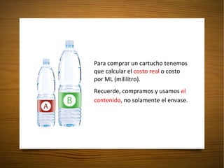 Para comprar un cartucho tenemos que calcular el  costo real  o costo  por ML (mililitro). Recuerde, compramos y usamos  el contenido,  no solamente el envase. 
